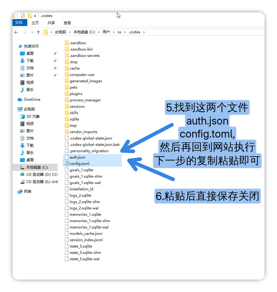 在 .codex 文件夹中找到 auth.json 和 config.toml